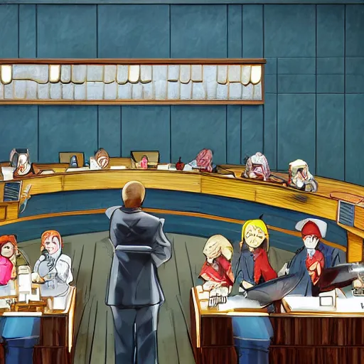 Image similar to sentient hot dog in courtroom trial, anime style, 4k, detailed, jury of condiments, suits and hats, volumetric lighting