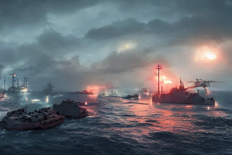 Image similar to naval battle battlefield 4 by simon stalenhag and robbert sammelin and eric persson, 4 k, hd wallpaper, hdr, tonemapping, detailed, atmospheric, global illumination, majestical lighting, saturated, wet, ray tracing, anamorphic lens, chromatic aberration, battlefield 4