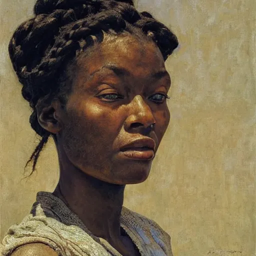 Prompt: A stunning masterful portrait of a striking African woman with braided hair by Andrew Wyeth and Norman Rockwell, natural light