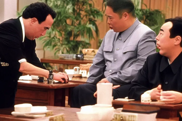 Image similar to Scene from Seinfeld where Jerry Seinfeld confronts Kim Jong-un