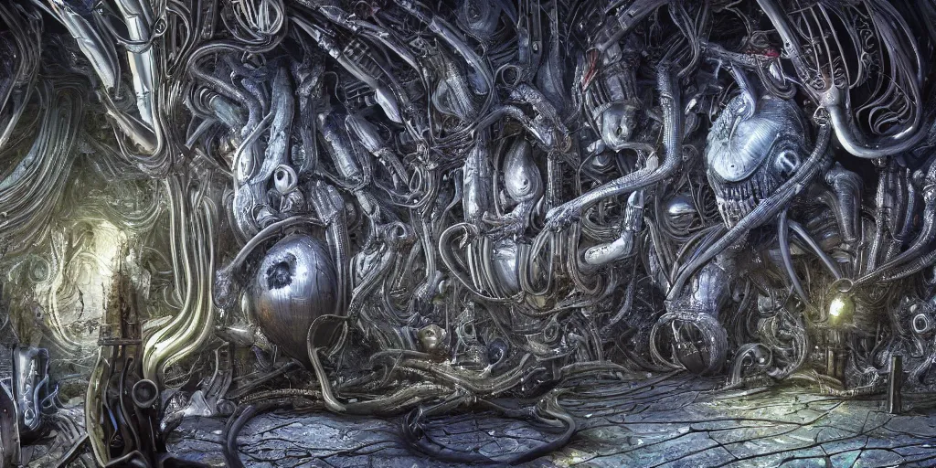 Prompt: an incredibly hyper realistic organic world of metallic beings in the style of h. r. giger by dr. seuss, cinematic colors, behance contest winner, global illumination, radiant light, detailed and intricate environment
