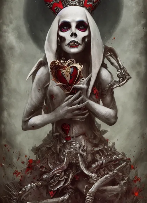 Prompt: Hungry Queen of Hearts with White Rabbit, Death Tarot card,highly detailed,half skull face,cinematic,8k,by Stanley Artgermm,Tom Bagshaw,Greg Rutkowski,Carne Griffiths, Ayami Kojima, Beksinski, Giger,trending on DeviantArt,hyper detailed,horror, full of colour