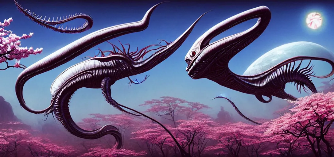 Image similar to photo of an alien fish with long fangs in the style of roger dean, realistic, sharp focus, 8 k high definition, insanely detailed, intricate, elegant, art by greg rutkowski and artgerm, extreme blur cherry blossoms background