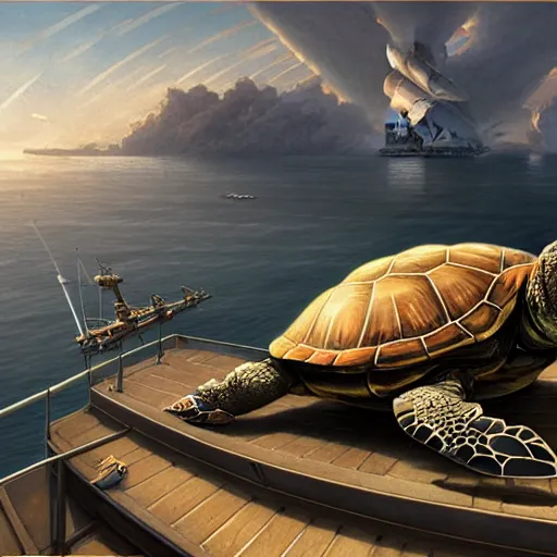 Image similar to giant turtle lying on ship top deck, naval background, wide angle shot, highly detailed, D&D, fantasy, digital painting, artstation, concept art, smooth, sharp focus, illustration, art by artgerm and greg rutkowski and alphonse mucha