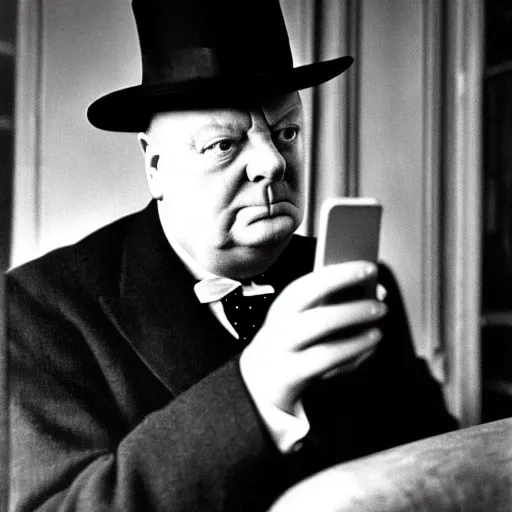 Image similar to A black and white photograph, circa 1940s, of Winston Churchill looking down at his smartphone