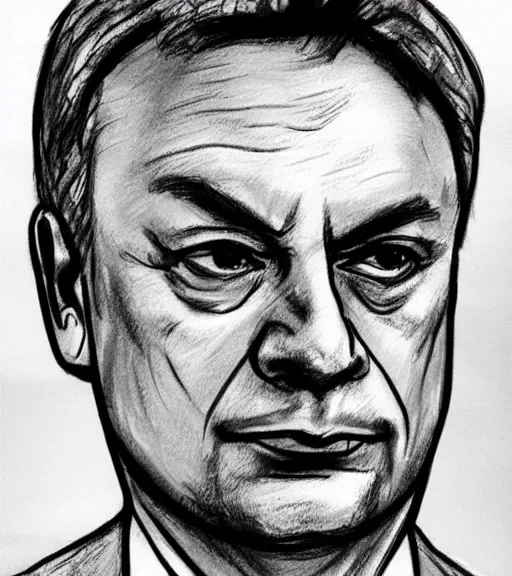 Image similar to news crime suspect sketch of hungarian prime minister viktor orban, hand drawn police sketch of a wanted person