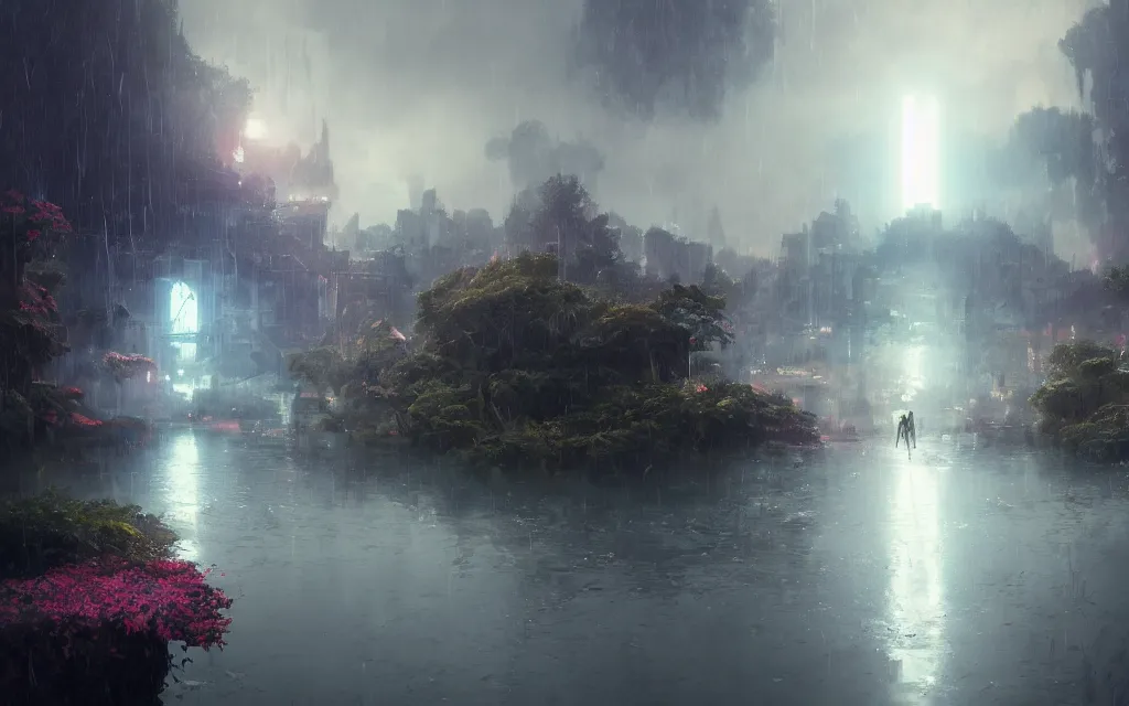 Image similar to ta ha, volumetric lighting, highly detailed, by greg rutkowski, complementing colors, god looking at me, heavy rainy, lofty heavens, water reflection, flowers, hyper realistic, concept art, 8 k detail post - processing, cyberpunkstyle