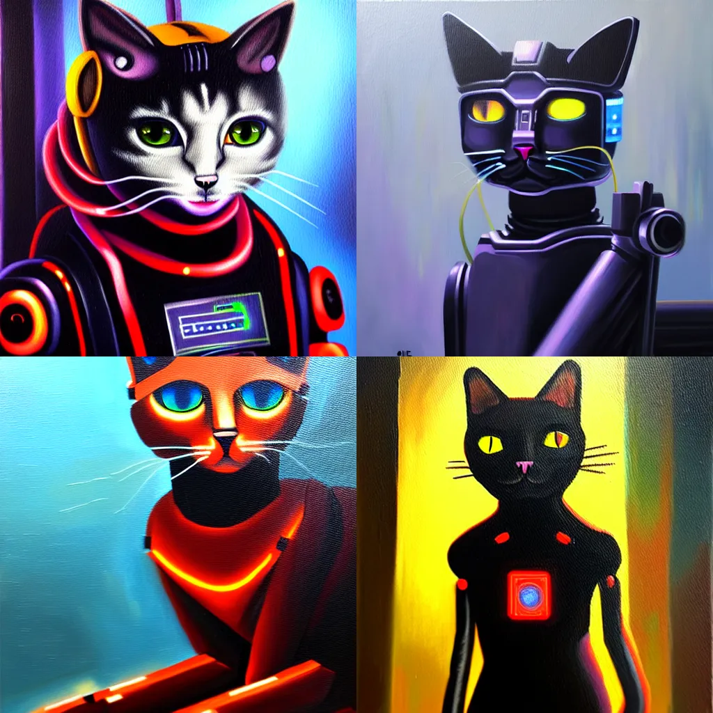 Prompt: robotic cat, cyberpunk. oil painting