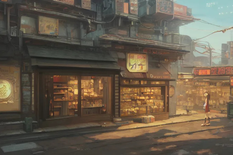 Image similar to A highly detailed matte painting of a detached small shop with sign by Studio Ghibli, Makoto Shinkai, by Artgerm, by WLOP, by Greg Rutkowski, volumetric lighting, cyberpunk, octane render, 4K resolution, trending on artstation, masterpiece