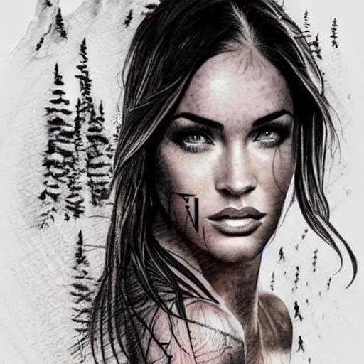 Prompt: double exposure effect tattoo design sketch of megan fox with beautiful mountain scenery, realism tattoo, in the style of den yakovelev, amazing detail, sharp