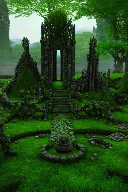 Prompt: photography of a hyper realistic lost celtic elven temple in a magical fantasy garden, mirroring water entering the temple, mossy stone pilars, epic scale, insanely complex, hyperdetailed, sharp focus, hyper realism, artstation, cgsociety, 8 k, bright colors, by takato yamamoto, unreal engine 5