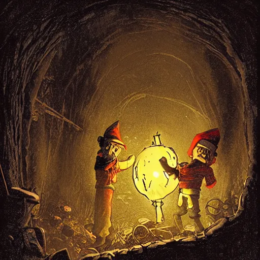 Image similar to an angry, grimy, dirty, grumpy [ old ], miner elf ( with red hat and a glowing latern ) in a pitch black mine, looks into the camera. angry kubrick stare, low key lighting, high contrast, theatrical, fairy tale illustration, character concept art by ivan bilibin, gustave dore and marc simonetti