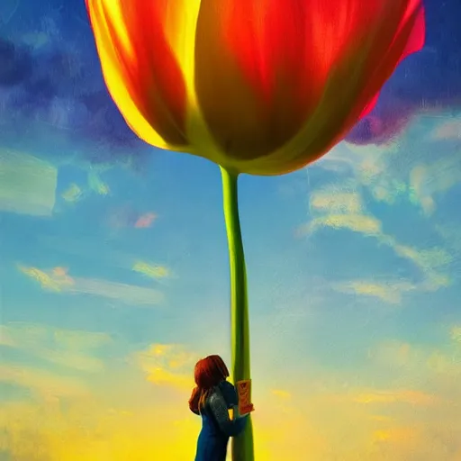 Image similar to girl with a giant tulip head, surreal photography, flower field, sunset dramatic light, impressionist painting, colorful clouds, blue sky, digital painting, artstation, simon stalenhag