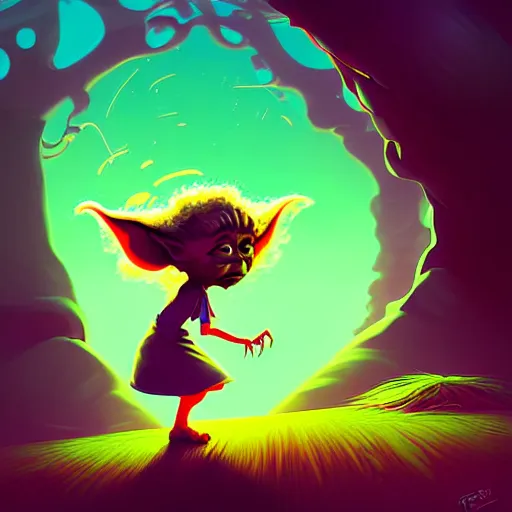 Prompt: curled perspective digital art of curly brown hair girl playing ball with yoda by anton fadeev from nightmare before christmas