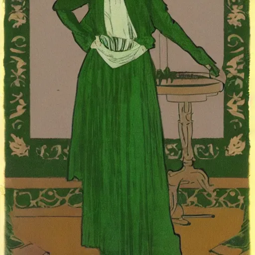 Image similar to An Edwardian woman wearing green clothes, in the style of Mucha