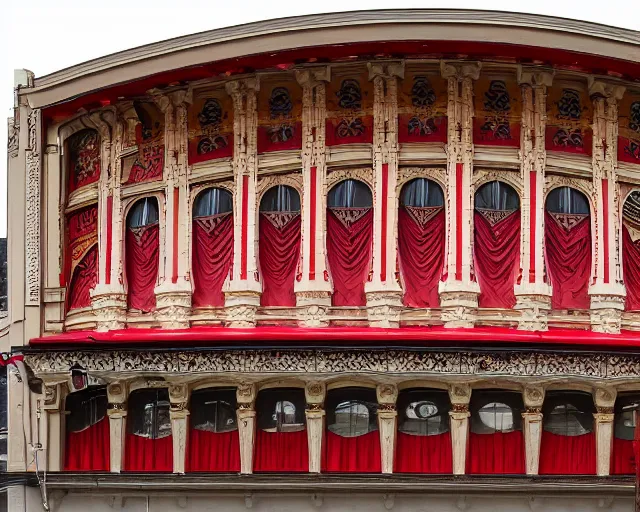 Image similar to photo of an outdoor mural of an opera house from the early 1 9 0 0 s in the style of art nouveau, red curtains, art nouveau design elements, art nouveau ornament, opera house architectural elements, painted on a brick wall, outdoor mural, mucha