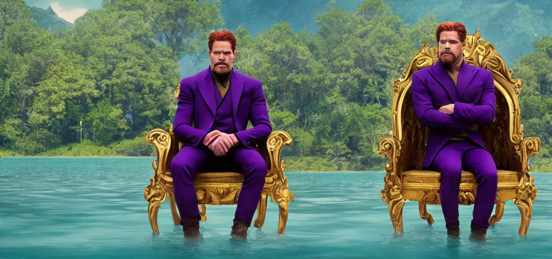 Prompt: a very high resolution image from a new movie. thanos sitting on chair in a lake, photorealistic, photography, directed by wes anderson