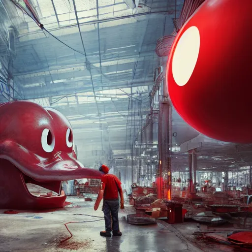 Image similar to a giant mickey mouse head, factory floor, surrounded by factory workers, octane render, cgstation, 3 d render, very detailed, mindblowing, blood and guts, gritty, cyberpunk, red and cinematic lighting, hyper realism