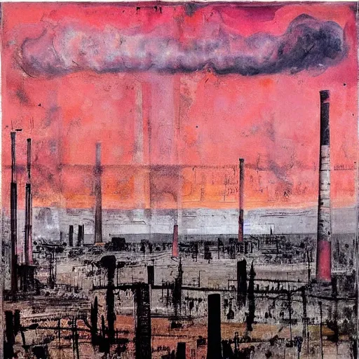 Prompt: “ an anselm kiefer painting of smokestacks and a world draped in pink and red and orange fluffy clouds ”