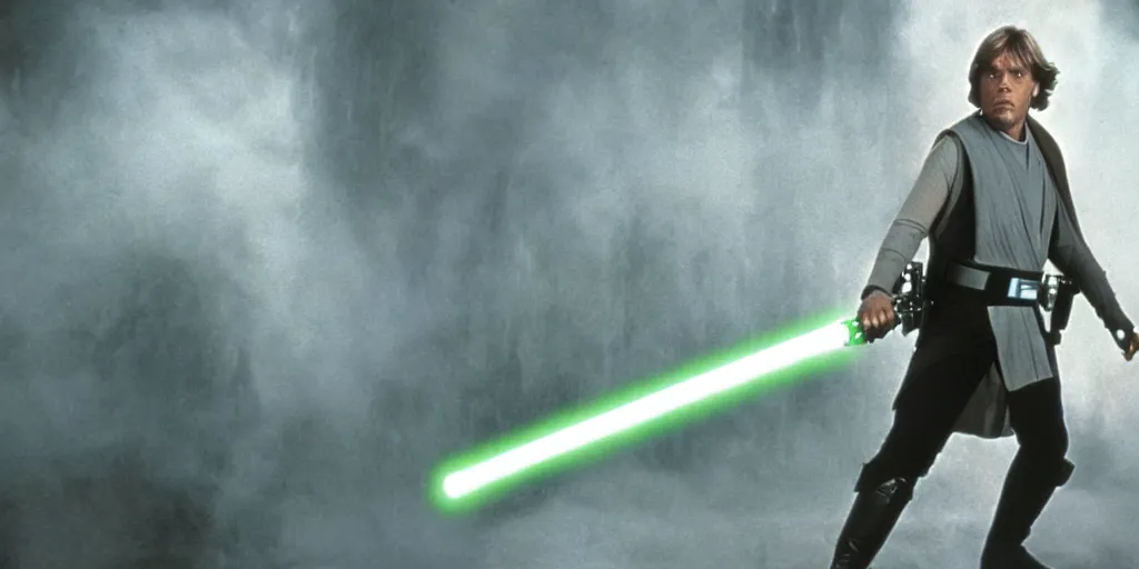 Image similar to Luke Skywalker Return of the jedi played by Mark Hamill 1983 standing alone, full body shot, motion blur, sequel trilogy 80s, green lightsaber, heroic pose, ultra realistic, 4K, movie still, UHD, sharp, detailed, cinematic, render, modern