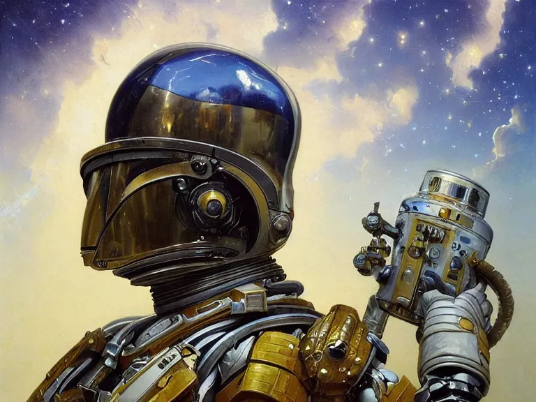 Image similar to a detailed profile oil painting of an advanced shock trooper in a spacesuit with reflective helmet, technology flight suit, portrait symmetrical and science fiction theme with lightning, aurora lighting clouds and stars by beksinski carl spitzweg and tuomas korpi. baroque elements, full-length view. baroque element. intricate artwork by caravaggio. Trending on artstation. 8k