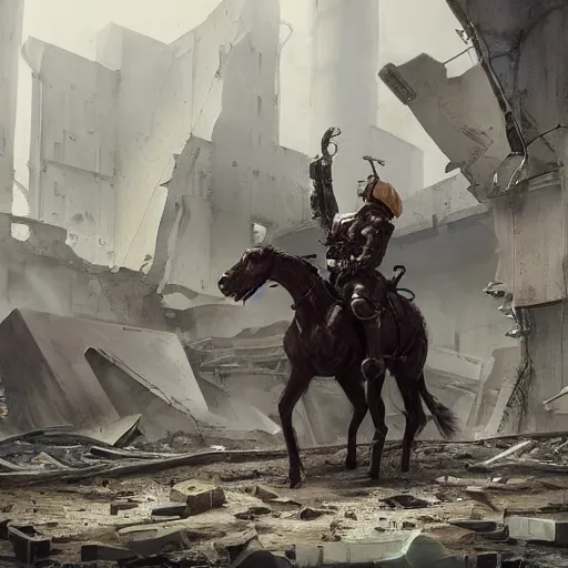 Prompt: a dark anthropomorphized horse with titanic bloated muscles wearing a tight kevlar battle outfit standing in the ruins of a facility, equine, highly detailed, digital painting, artstation, sharp focus, game art, concept art, illustration, art by artgerm, greg rutkowski, wlop