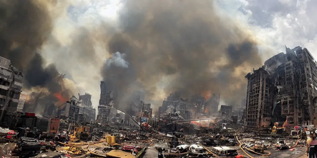 Image similar to wide angle photo, a epic side robot pig machine breaking down buildings on fire in a city, in the style of a kaiju monster movie