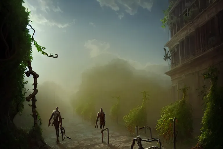 Prompt: a walking ancient city mounted on mechanical legs, vines, hyperrealistic, highly detailed, cinematic, single ray of sun, fog, beautiful, cgssociety, artstation, 8 k, oil painting