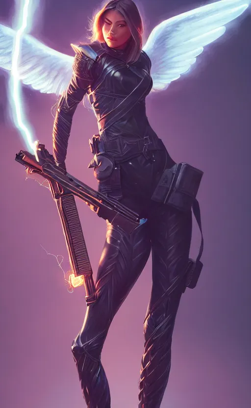 Image similar to full body portrait of a female fantasy angel with a shotgun surrounded by lightning, smooth and sharp, trending on artstation, fine details, elegant, dynamic pose, detailed and intricate environment, professional by tatyana kupriyanova and greg rutkowski and raymond swanland