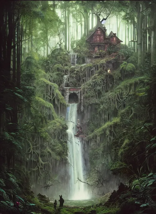 Image similar to a hyper realistic architectural witch shrine under a waterfall in the woods, gorgeous lighting, lush forest foliage, painting by chiara bautista and tom bagshaw, muca beksinski and norman rockwell and greg rutkowski weta studio, and lucasfilm