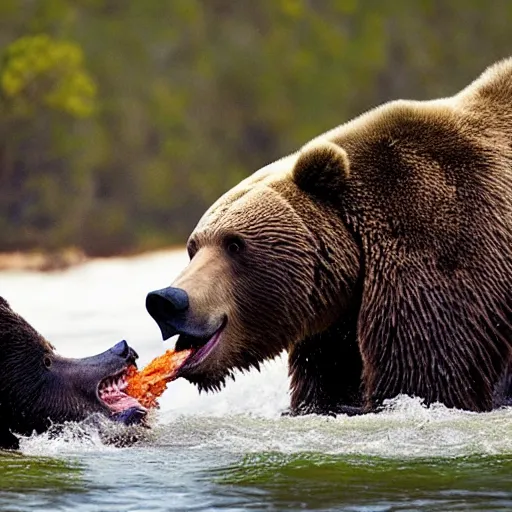 Image similar to a fish eating a grizzly bear in a river, ultra realistic, 4K, high definition, award winning, national geographic