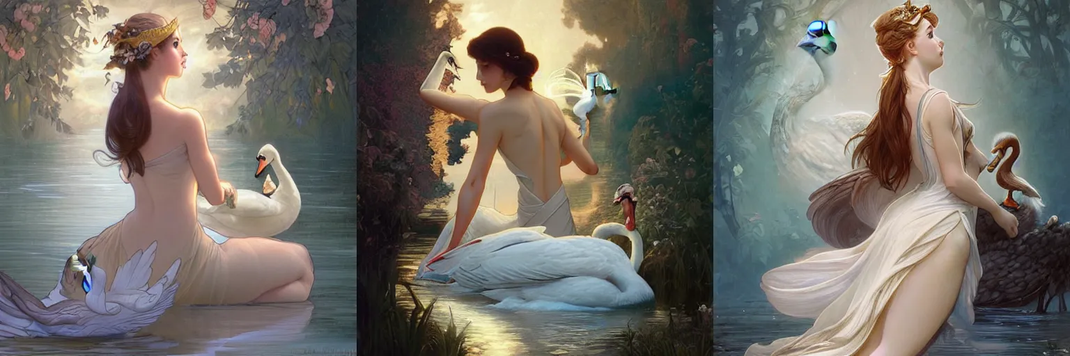 Prompt: leda and the swan as a cartoon with a princess. elegant, intricate, digital painting, artstation, concept art, smooth, sharp focus, illustration, art by artgerm and greg rutkowski and alphonse mucha