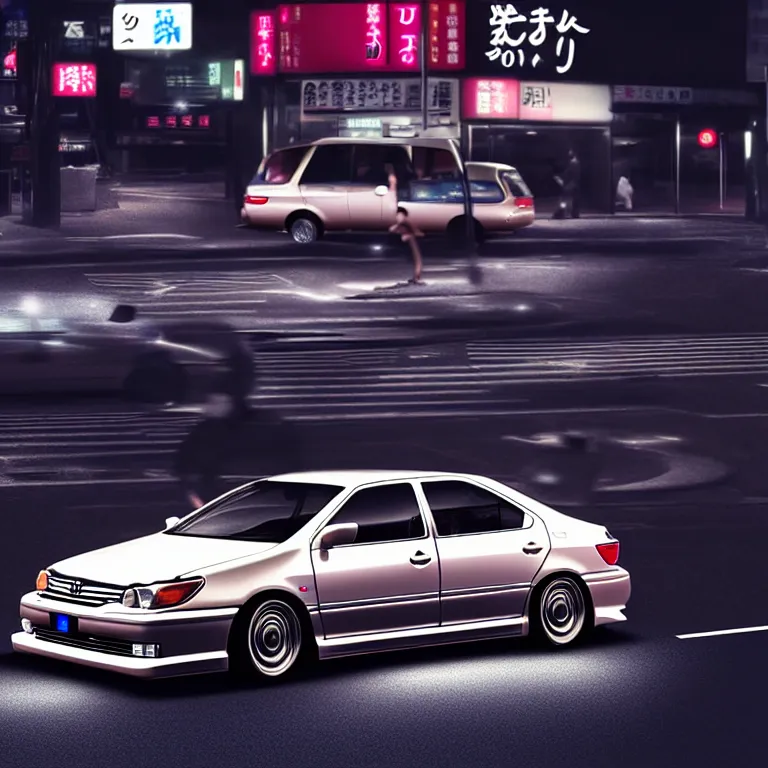 Image similar to Toyota Aristo, detailed-wheels, Shibuya prefecture, cinematic lighting, photorealistic, highly detailed, night photography