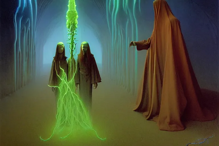 Prompt: the female arcanist and the male artificer by zacharias aagaard and albert bierstadt and zdzisław beksinski and james gilleard and wayne barlowe and marc simonetti and jean delville, beautiful, robes, highly detailed, hyperrealistic, intricate, energy, electricity, blue flame, low light, green crystal, high contrast