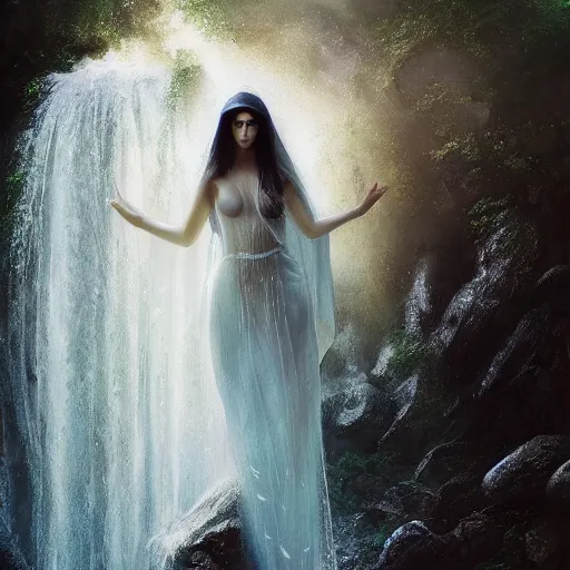 Prompt: beautiful Arab woman, white transparent veil black hair, bathing in a waterfall, ethereal, emotive, fine art, water mist, mystical, Romanticism, natural light, elegant, intricate, fantasy, atmospheric lighting, cinematic, matte painting, detailed face, by Greg Rutkowski