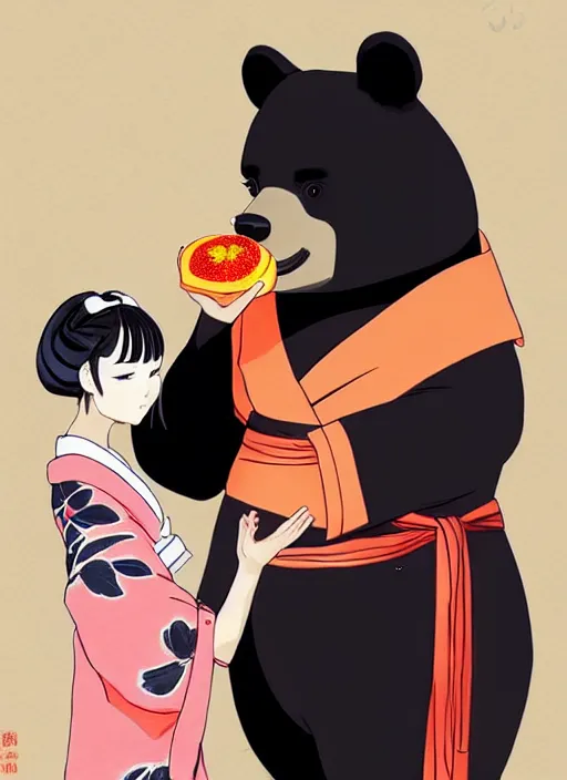 Image similar to a girl wearing a kimono giving a peach to a large anthropomorphic asian black bear, anime art, featured in artstation, artgerm, award winning, cinematic, elegant, intricate, 8 k, in the style of heikala and timothy kong and laia lopez and viorie,