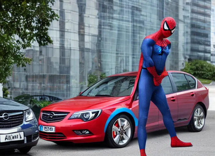 Image similar to spiderman stand next to opel sedan