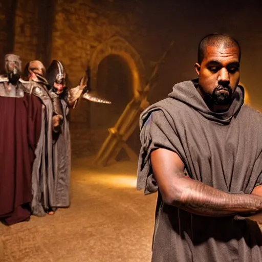 Image similar to Kanye West in medieval times look like merlin high details cinematic mood shooting lighting from wand