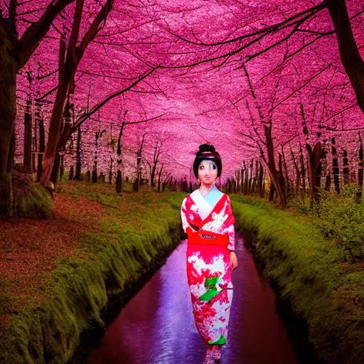 Prompt: beautiful full body portrait geisha walking on a trail through a forest of glowing cherry blossom trees with stream , beautiful face smiling, with cherry blossom in hand, ultra detail photo realistic cinematic neon lighting 4k shoot on Polaroid in 1977