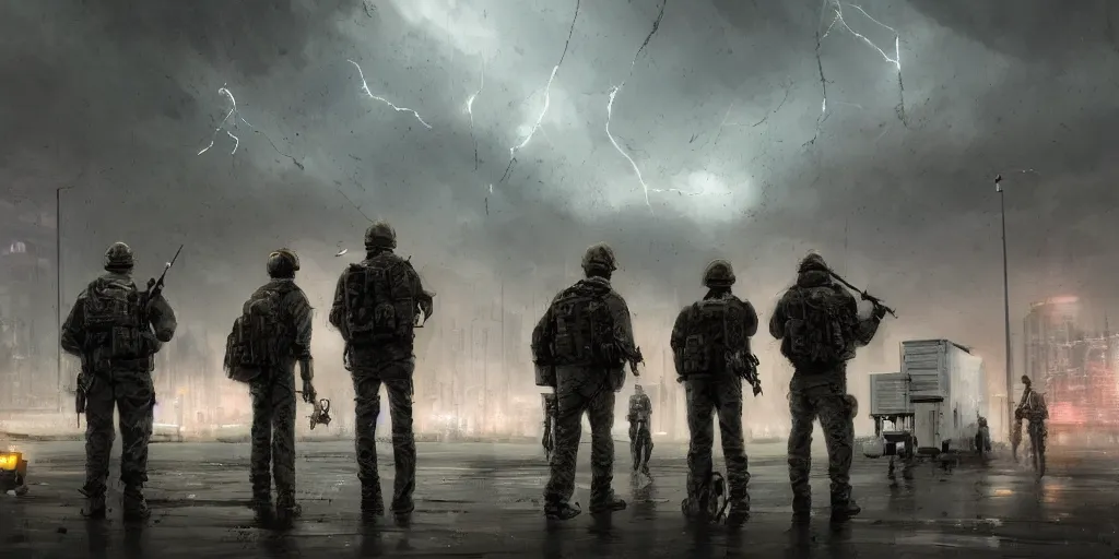 Image similar to private military company operatives standing outside immigration check point with severe weather storms across the sky, cinematic, realistic, detailed, intricate, digital art, ambient lighting, by jordan grimmer, industrial art style, 3 5 mm film grain, artstation