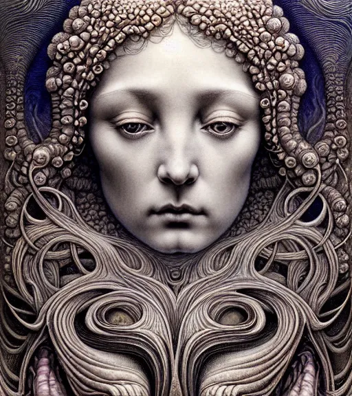 Image similar to detailed realistic beautiful moon goddess face portrait by jean delville, gustave dore, iris van herpen and marco mazzoni, art forms of nature by ernst haeckel, art nouveau, symbolist, visionary, gothic, neo - gothic, pre - raphaelite, fractal lace, intricate alien botanicals, ai biodiversity, surreality, hyperdetailed ultrasharp octane render