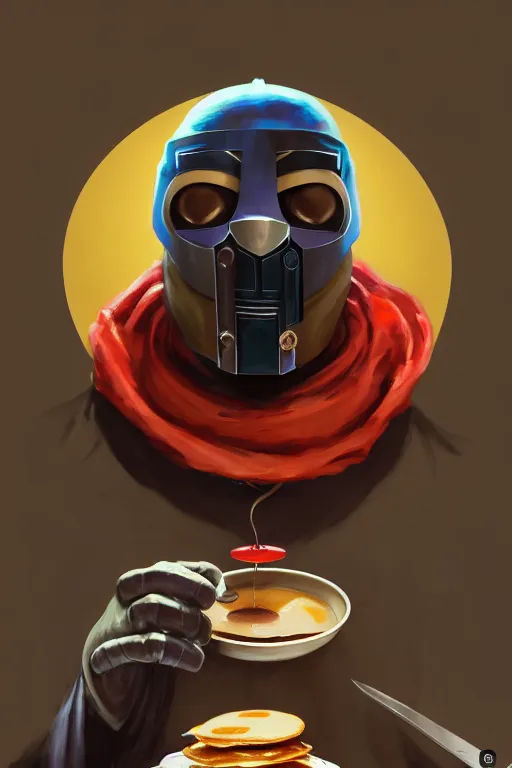 Prompt: mf doom as cooking pancakes animation pixar style, mf doom rapper madvillain, lighting poster by magali villeneuve, artgerm, jeremy lipkin and michael garmash, rob rey and kentaro miura style, trending on art station