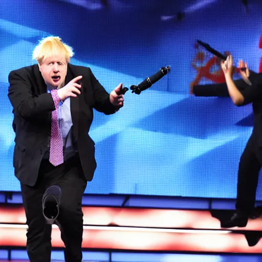 Image similar to boris johnson singing with a microphone on americas got talent, tomatoes and anchors being thrown at him, 4 k photograph