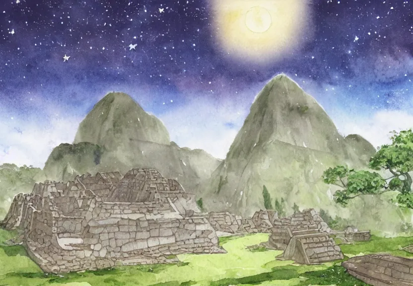 Image similar to a cell - shaded watercolor concept art from a studio ghibli film showing one giant grey alien. a temple is under construction in the background in machu pichu on a misty and starry night. by studio ghibli. very dull muted colors