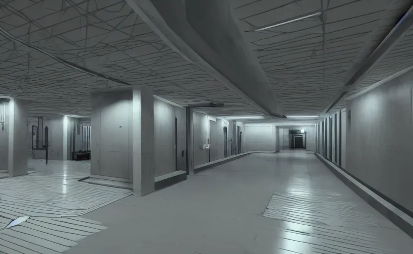 Image similar to screenshot of a first person shooter game on unreal engine 5, narrow modern hallways of a government office facility with white dry wall, photorealistic, retrofuturism, concept art, trending on artstation