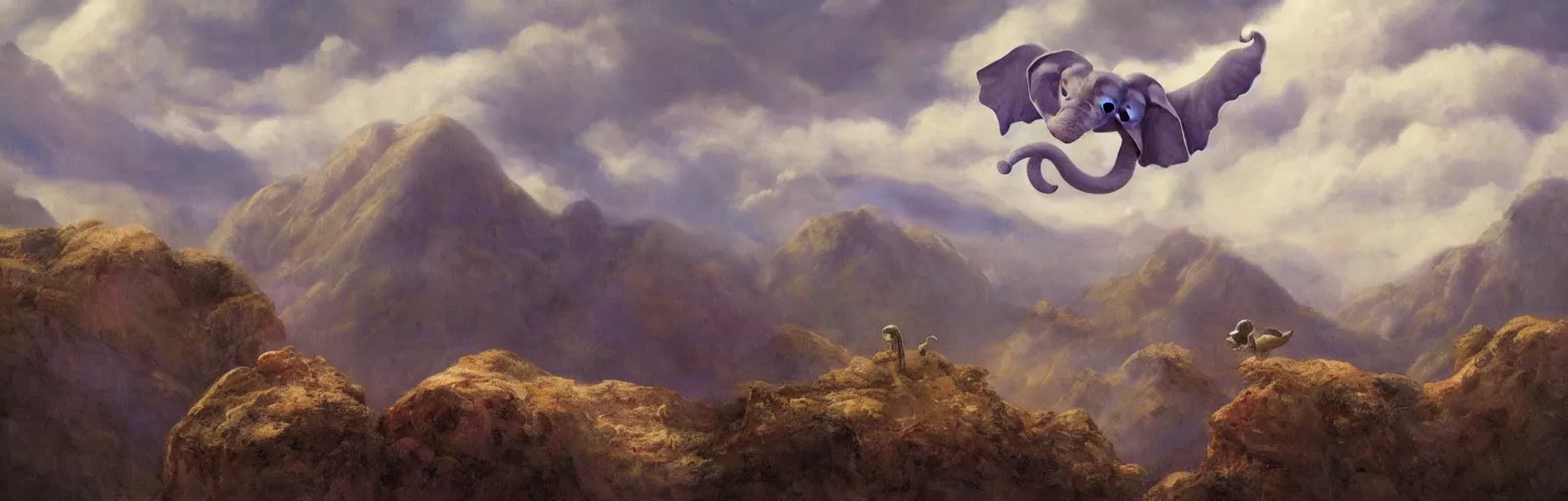 Image similar to A baby purple elephant flying in the clouds, mountains in the background, illustration, detailed, smooth, soft, warm, by Adolf Lachman, Shaun Tan, Surrealism