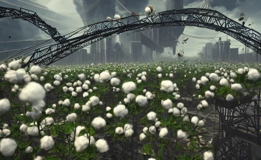 Image similar to explosions in the form of realistic cotton plants on harbour bridge, huge cotton plants everywhere, smooth, sharp focus, highly detailed, 3 d octane render, epic lighting, crazy atmosphere, lots of cotton plants, 8 k, by goro fujita