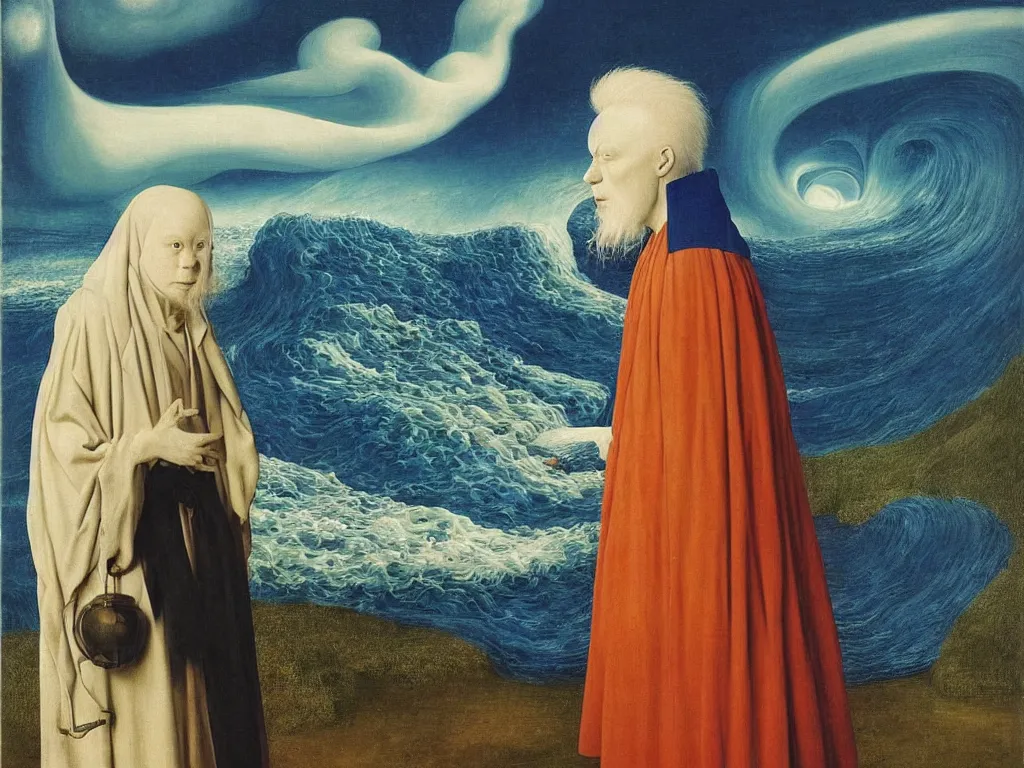 Image similar to Portrait of albino mystic with blue eyes, with landscape with tsunami, giant wave at night. Painting by Jan van Eyck, Audubon, Rene Magritte, Agnes Pelton, Max Ernst, Walton Ford