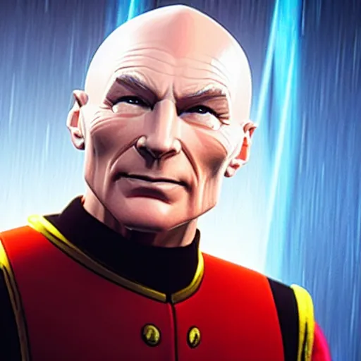 Image similar to captain picard with long hair on his head, hyperrealistic, dynamic lighting