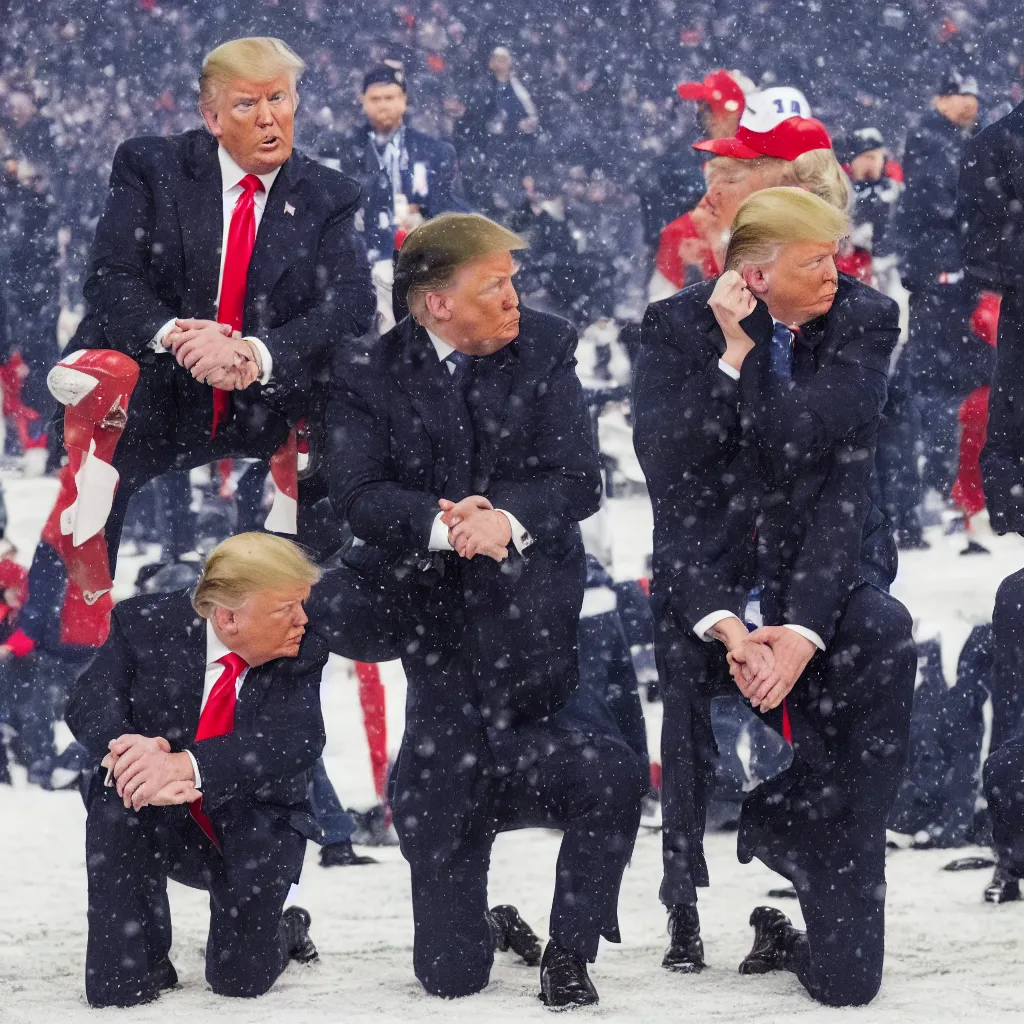 Prompt: donald trump kneeling next to josh hawley on the sideslines of the nfl superbowl. closeup. heavy snow. 4 k television _ footage